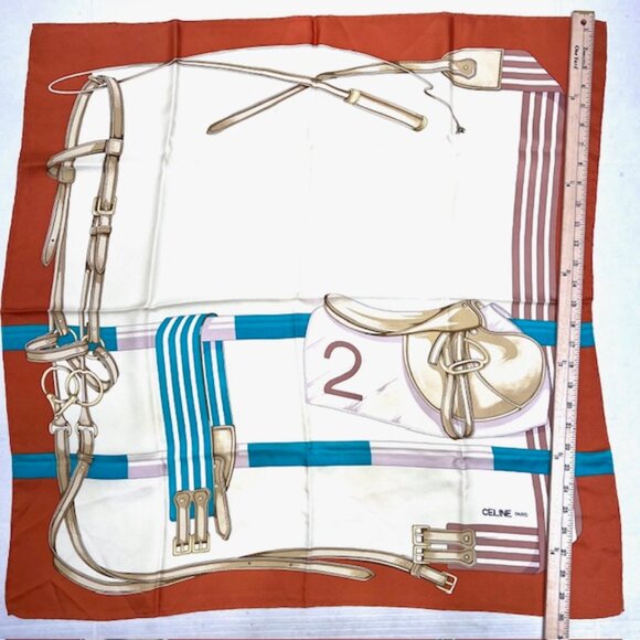 Vgt Celine Paris 100% Silk Scarf Satin 30" ivery beige orange  blue belt (40 - Picture 6 of 8